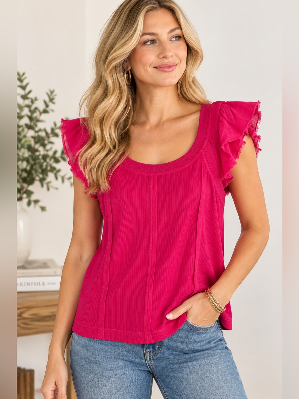 Pilcro Anthropologie Magenta Pink Mixed Media Ruffle Sleeve Top XL